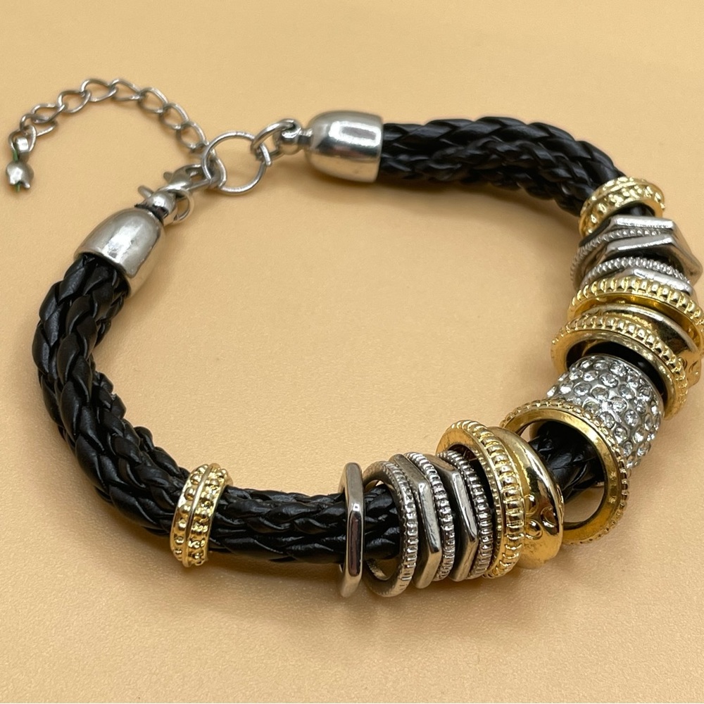 Black Braided Faux Leather Mixed Metal Ring Boho Fashion Bracelet
